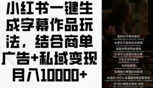 小红书一键生成字幕作品玩法，结合商单广告+私域变现月入1w+【揭秘】-网创项目总站