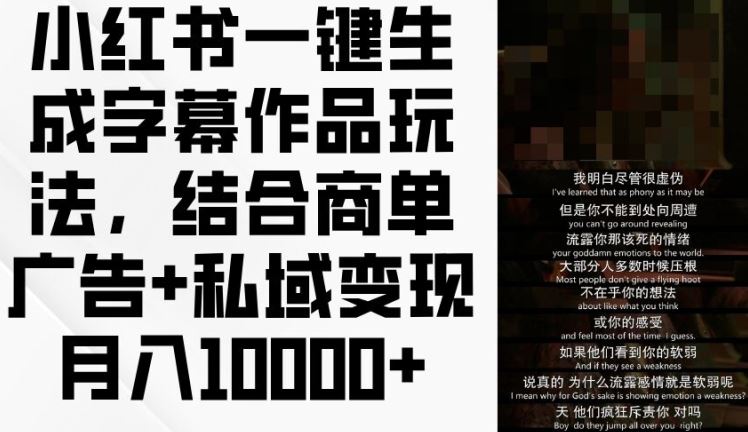 小红书一键生成字幕作品玩法，结合商单广告+私域变现月入1w+【揭秘】-网创项目总站