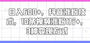 日入600+，抖音涨粉技术，10条视频涨粉1万+，3种变现方式【揭秘】-网创项目总站