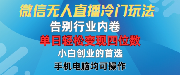 微信无人直播冷门玩法，告别行业内卷，单日轻松变现四位数，小白的创业首选-网创项目总站