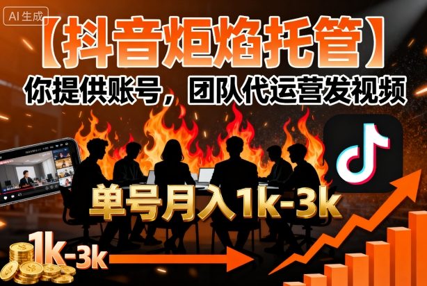 【抖音炬焰托管】你提供账号，团队代运营发视频，单号月入1k+【揭秘】-网创项目总站