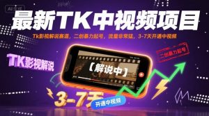 最新TK中视频项目，Tk影视解说赛道，搬运二创暴力起号，流量非常猛，3-7天开通中视频(更新)-网创项目总站