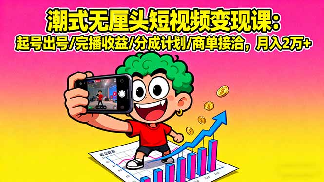 潮式无厘头短视频变现课：起号出号/完播收益/分成计划/商单接洽，月入2万+-网创项目总站
