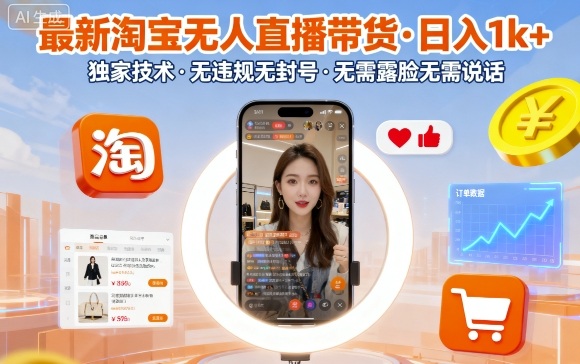 最新淘宝无人直播带货，日入1k+，独家技术，无违规无封号，无需露脸无需说话【揭秘】-网创项目总站
