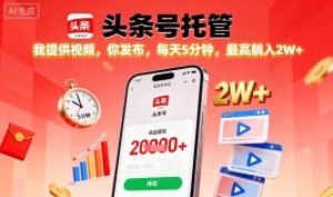 【头条号托管】我提供视频，你发布，每天5分钟，最高躺入2W+【揭秘】-网创项目总站