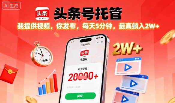 【头条号托管】我提供视频，你发布，每天5分钟，最高躺入2W+【揭秘】-网创项目总站