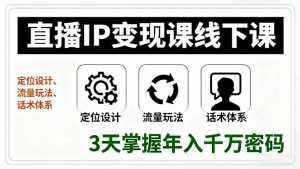 直播IP变现课线下课，定位设计、流量玩法、话术体系，3天掌握年入千万密码-网创项目总站