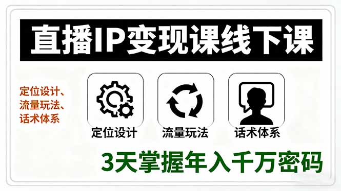 直播IP变现课线下课，定位设计、流量玩法、话术体系，3天掌握年入千万密码-网创项目总站