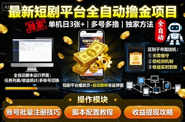 最新短剧平台全自动挂G撸金项目，单机一天3张+，多号多撸，区别于市面所有挂机项目，独家方法【揭秘】-网创项目总站