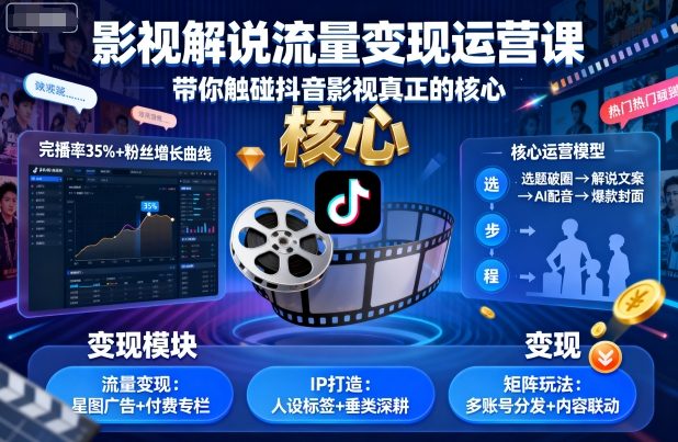 影视解说流量变现运营课，带你触碰抖音影视真正的核心-网创项目总站