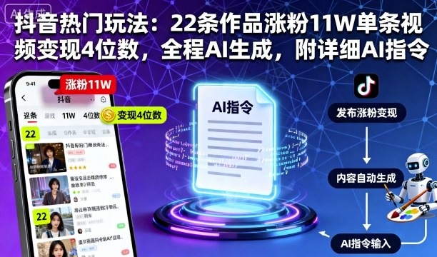 抖音热门玩法：22条作品涨粉11W单条视频变现4位数，全程AI生成，附详细AI指令-网创项目总站