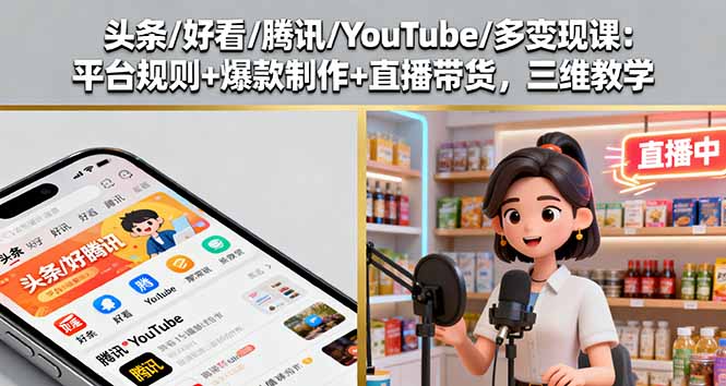 头条/好看/腾讯/YouTube/多变现课：平台规则+爆款制作+直播带货，三维教学-网创项目总站