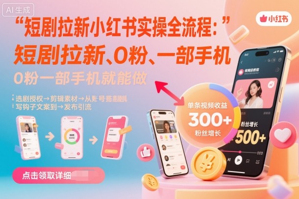 短剧拉新小红书实操全流程，0粉一部手机就可以做，详细教程-网创项目总站
