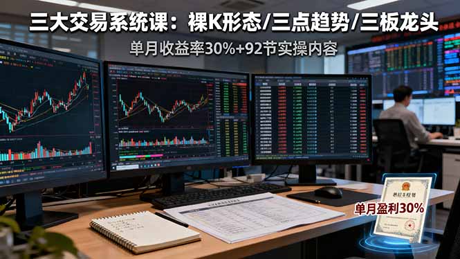 三大交易系统课：裸K形态/三点趋势/三板体系，单月收益率30%+92节实操内容-网创项目总站