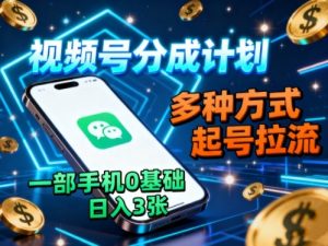 视频号分成计划，多种方式起号拉流，一部手机0基础日入3张-网创项目总站
