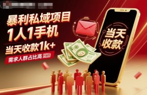 暴利私域项目1人1手机，当天收款1k+，需求人群占比高，当天就能见到钱-网创项目总站