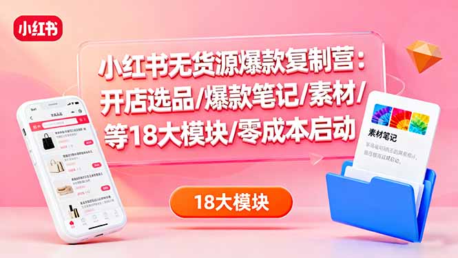 小红书无货源爆款复制营：开店选品/爆款笔记/素材/等18大模块/零成本启动-网创项目总站