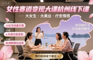女性赛道变现大课杭州线下，大女生，大美业，疗愈情感，一套小红书、抖音、私域全链路打法-网创项目总站