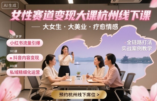 女性赛道变现大课杭州线下，大女生，大美业，疗愈情感，一套小红书、抖音、私域全链路打法-网创项目总站