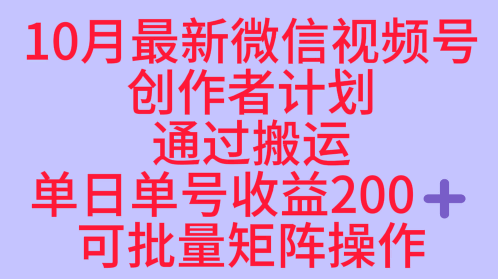 10月最新视频号收益最大化赛道长久稳定红利项目，单日单号收益2张+可批量矩阵操作-网创项目总站