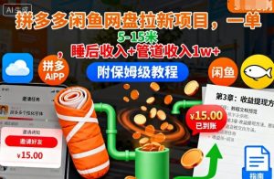 拼多多闲鱼网盘拉新项目，一单5-15米，睡后收入+管道收入1w+(附保姆级教程)-网创项目总站