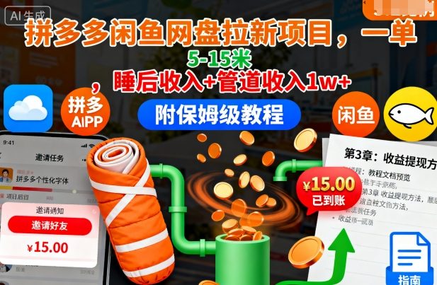 拼多多闲鱼网盘拉新项目，一单5-15米，睡后收入+管道收入1w+(附保姆级教程)-网创项目总站