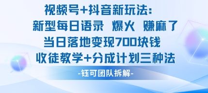 视频号加抖音新玩法：爆火新型每日语录，收徒教学加分成计划，三种变现玩法，当日变现7张-网创项目总站