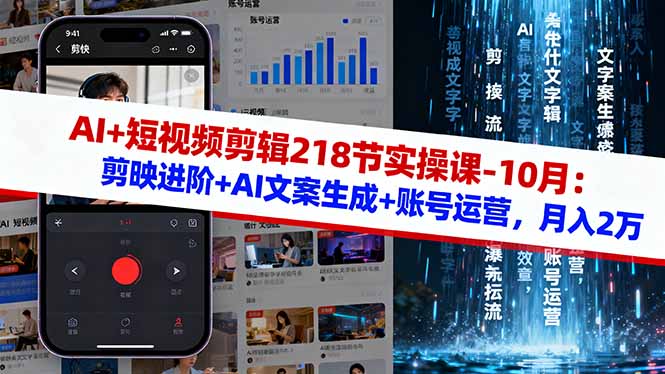 AI+短视频剪辑218节实操课-10月：剪映进阶+AI文案生成+账号运营，月入2万-网创项目总站