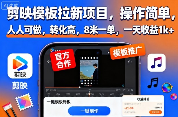 剪映模板拉新项目，操作简单，人人可做，转化高，8米一单，一天收益1k+-网创项目总站
