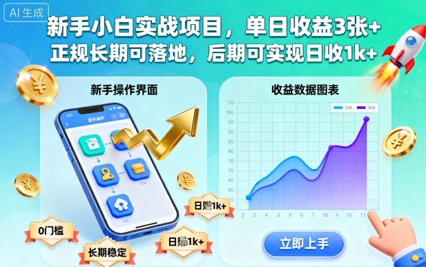 新手小白实战项目，单日收益3张+，正规长期可落地，后期可实现日收1k+【揭秘】-网创项目总站