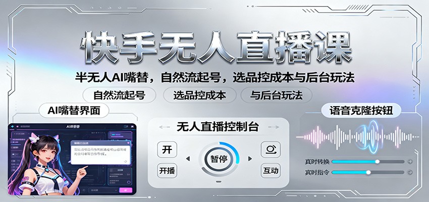 快手无人直播课：半无人AI嘴替，自然流起号，选品控成本与后台玩法-网创项目总站