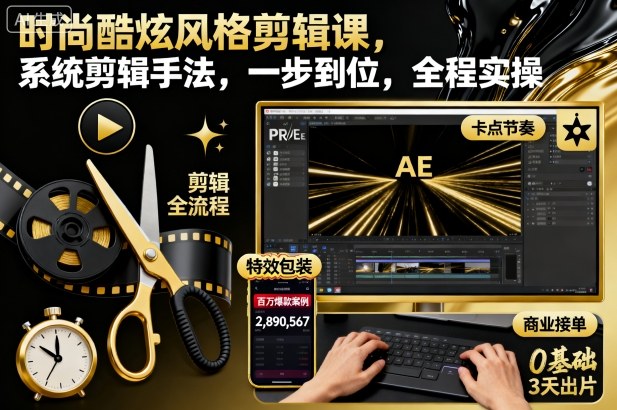 时尚酷炫风格剪辑课，系统剪辑手法，一步到位，全程实操-网创项目总站