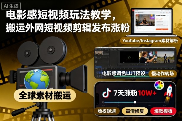 电影感短视频玩法教学，搬运外网短视频剪辑发布涨粉-网创项目总站