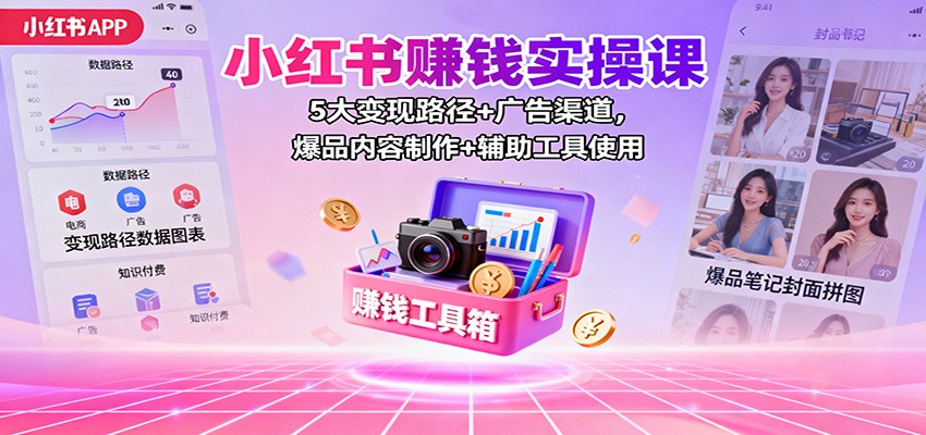 小红书赚钱实操课：5大变现路径+广告渠道，爆品内容制作+辅助工具使用-网创项目总站