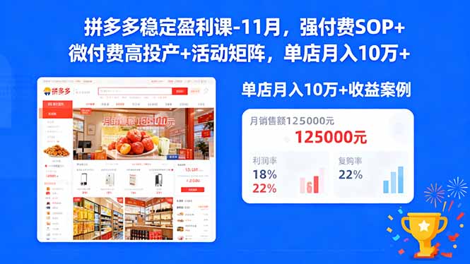 拼多多稳定盈利课-11月，强付费SOP+微付费高投产+活动矩阵，单店月入10万+-网创项目总站