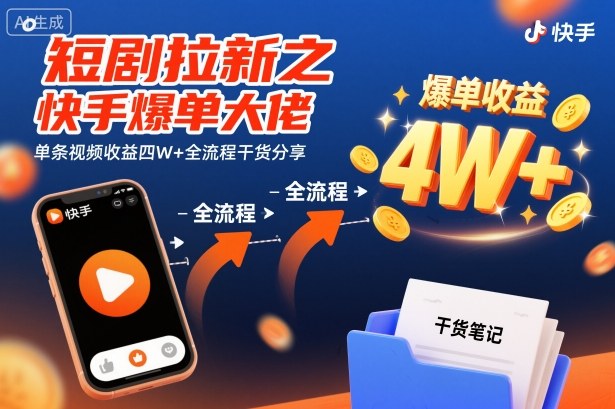 短剧拉新之快手爆单大佬单条视频收益四W+全流程干货分享-网创项目总站