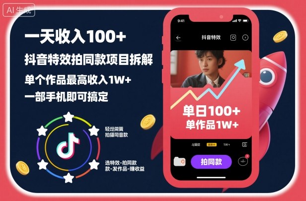 一天收入100+，抖音特效拍同款项目拆解，单个作品最高收入1W+，一部手机即可搞定-网创项目总站
