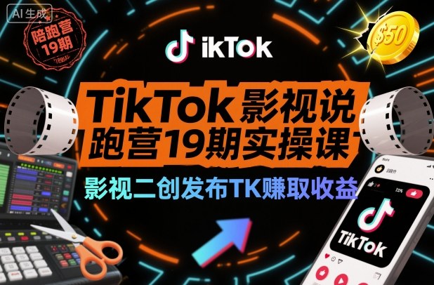 TikTok影视解说陪跑营19期实操课，影视二创发布TK賺取收益，万播收益50美金-网创项目总站