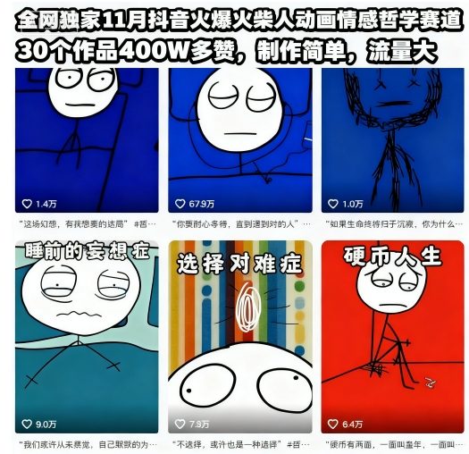 全网独家11月抖音火爆火柴人动画情感哲学赛道，30个作品400W多赞，制作简单，流量大【教学+素材】-网创项目总站