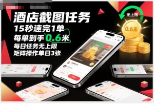 酒店截图任务，15秒速完1单，每单到手0.6米，每日任务无上限，全网首发玩法，矩阵操作单日3张【揭秘】-网创项目总站