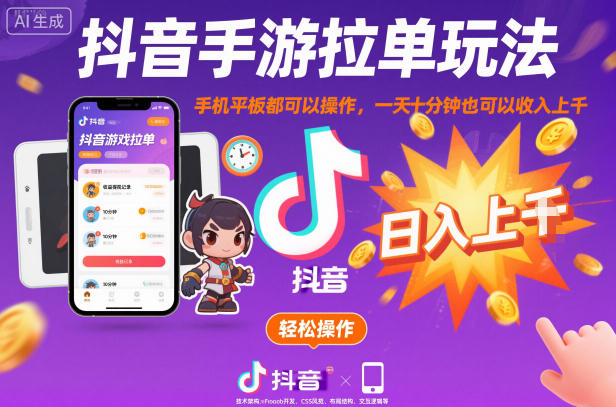 抖音手游拉单玩法，手机平板都可以操作，一天十分钟也可以收入上K【揭秘】-网创项目总站