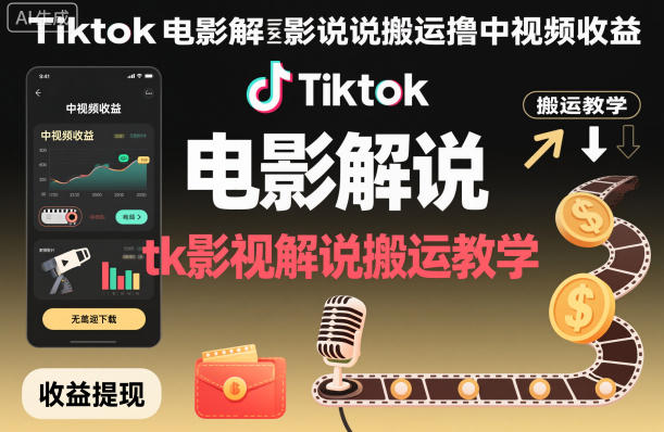 Tiktok电影解说搬运撸中视频收益，tk影视解说搬运教学-网创项目总站