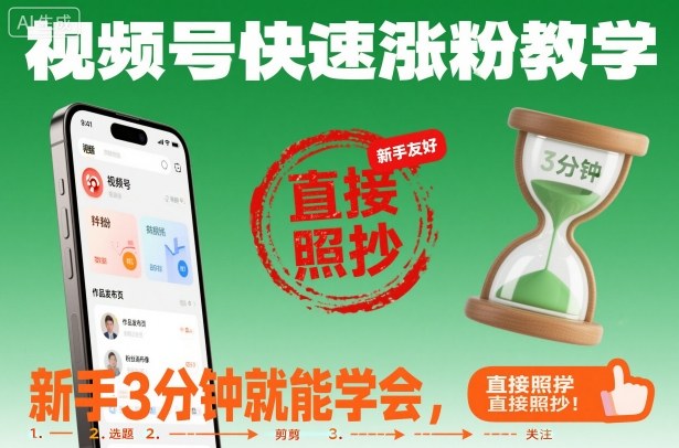视频号快速涨粉教学，新手3分钟就能学会，直接照抄！-网创项目总站
