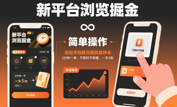 新平台浏览掘金，动动手指截张图就能挣米，2分钟一单，不限时不限量，一天5张【揭秘】-网创项目总站