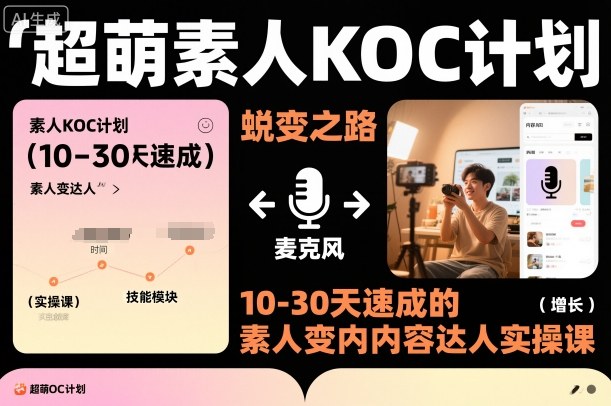 超萌素人KOC计划，10-30天速成的素人变内容达人实操课，适合想做短剧小说推文电商推广的素人入局-网创项目总站