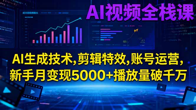 AI视频全栈课:AI生成技术,剪辑特效,账号运营,新手月变现5000+播放量破千万-网创项目总站