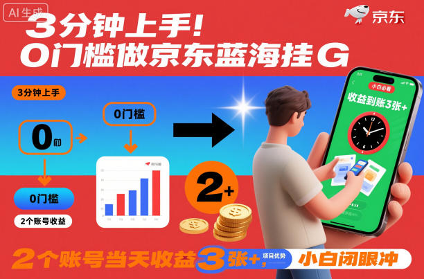 3分钟上手！0门槛做京东蓝海全自动掘金，2个账号当天收益3张+，小白闭眼冲【揭秘】-网创项目总站