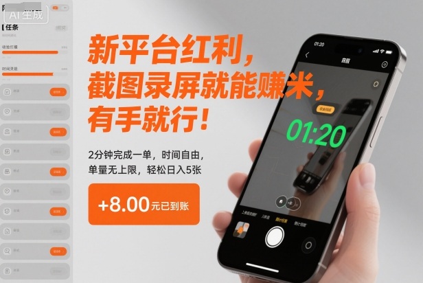 新平台红利，截图录屏就能賺米，有手就行！2分钟完成一单，时间自由，单量无上限，轻松日入5张【揭秘】-网创项目总站