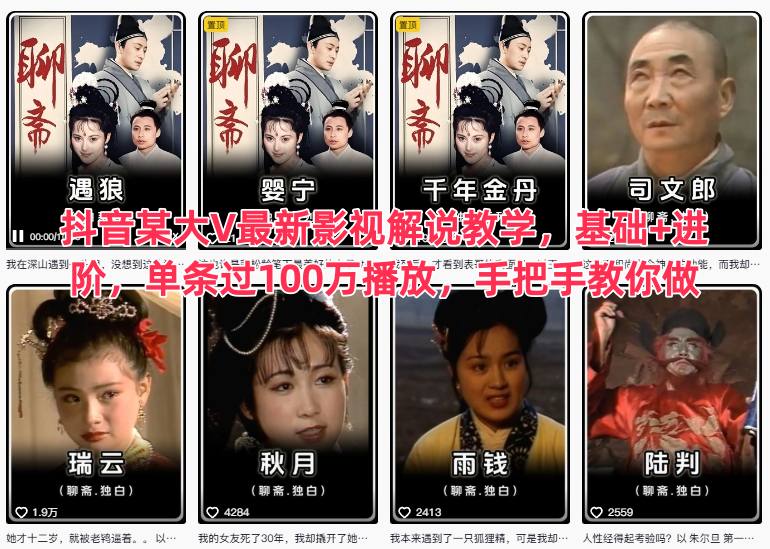 抖音某大V最新影视解说教学，基础+进阶，单条过100万播放，手把手教你做-网创项目总站