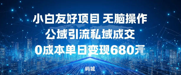 小白友好项目，无脑操作，公域引流私域成交，0成本单日变现680米-网创项目总站
